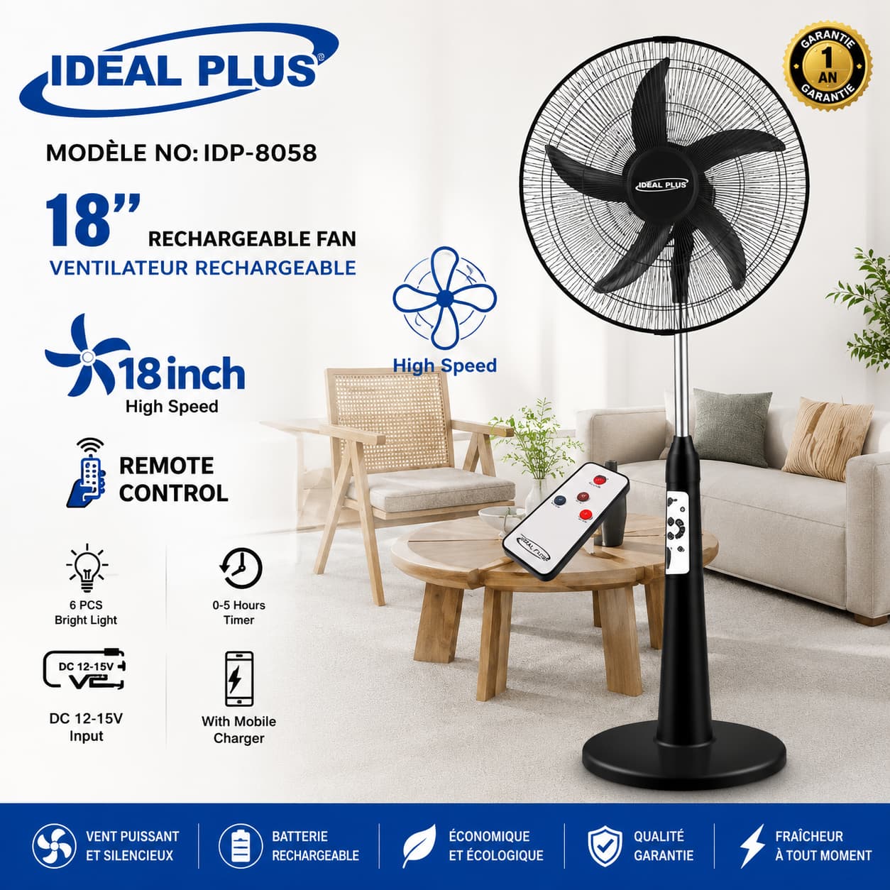 Ventilateur rechargeable dans un salon moderne Ventilateur Ideal Plus 18" Rechargeable IDP-8058 – Image 1
